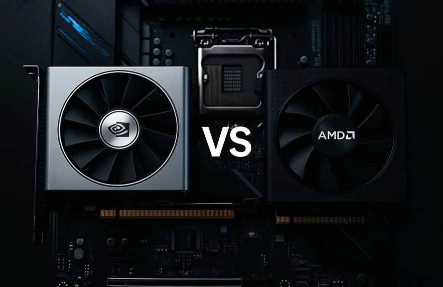 high-resolution photo showing amd vs nvidia gpu comparison with logos on dark tech-themed background