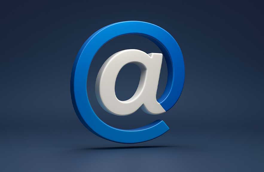 3D @ symbol in blue-to-white, matching modern brand color palette on a dark background