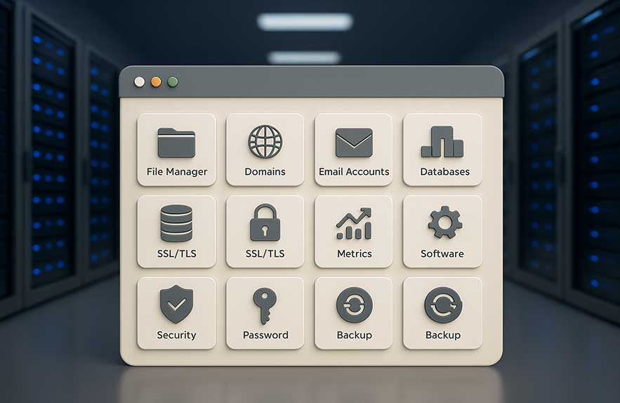 Best web hosting services for small businesses visualized with a 3D hosting control panel in a modern server environment