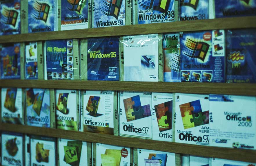 Windows Office alternative concept shown with legacy Microsoft software boxes