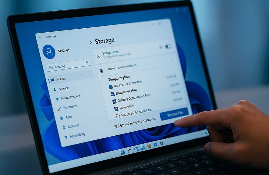 User clearing cache in Windows 11 on a laptop to free up storage space and improve performance
