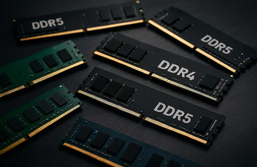 high-resolution photo showing ddr4 vs ddr5 ram sticks comparison on dark tech background