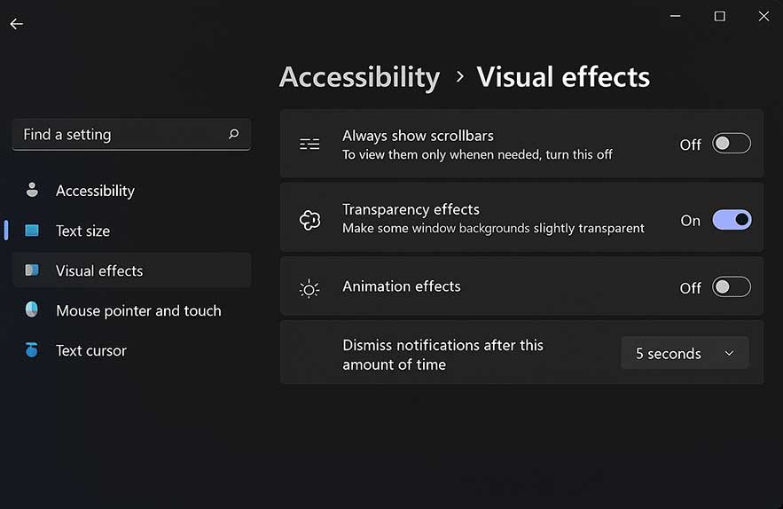 Disable animations Windows 11 to improve speed
