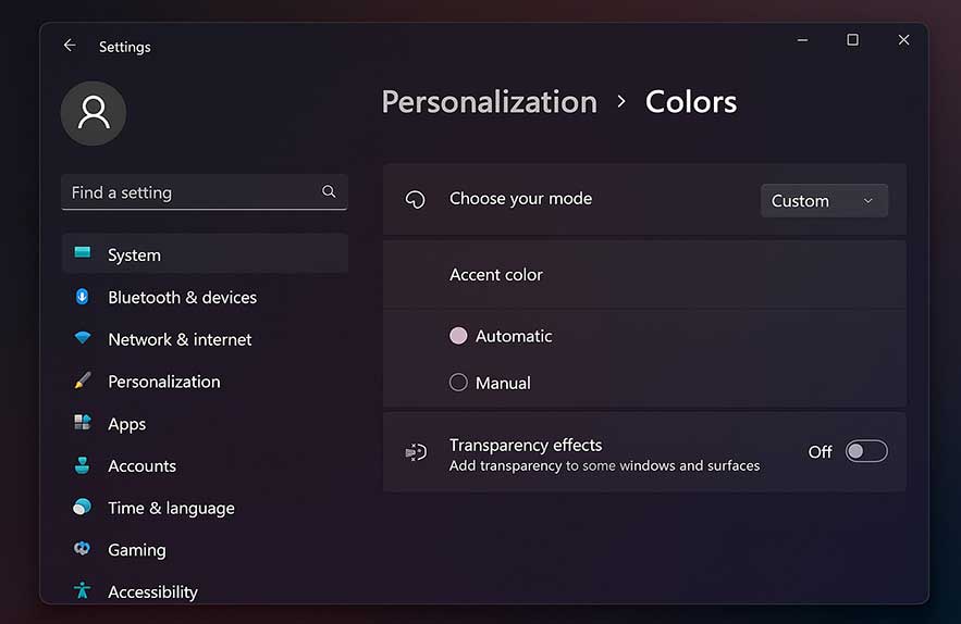 Disable transparency effects Windows 11 settings interface
