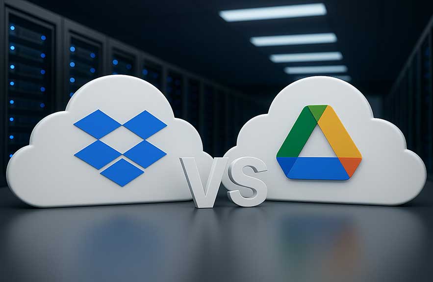 3D logos of Dropbox vs Google Drive in a data center background