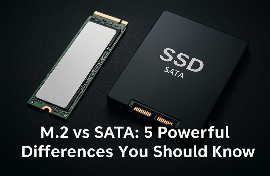 high-resolution photo comparing m.2 vs sata ssd drives on dark tech background