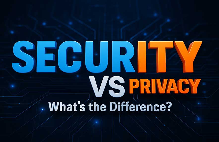 3D-rendered image showing the words “Online Security” and “Privacy” in bold letters with a cyber-themed background, highlighting the contrast between security and privacy online