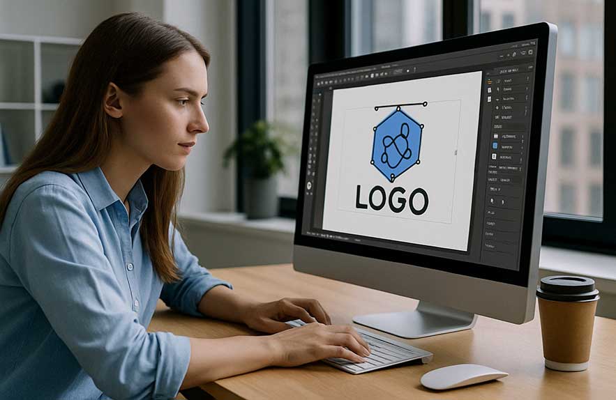 Person editing a logo in Adobe Illustrator to convert PNG to vector