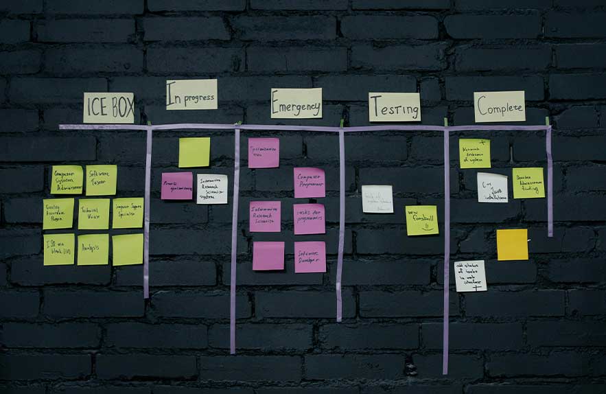 Kanban tools visualized on sticky note board for project management