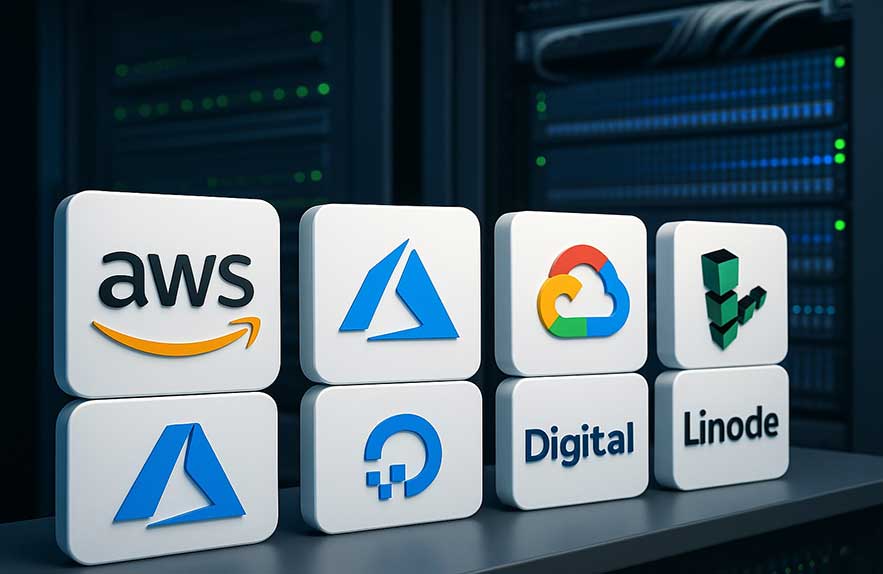 3D logos of AWS, Google Cloud, Azure, DigitalOcean, and Linode inside a data center